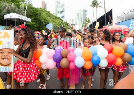 Salvador, Bahia, Brazil - February 11, 2023: Group of children are seen in the Fuzue carnival parade, in Salvador, Bahia. Stock Photo