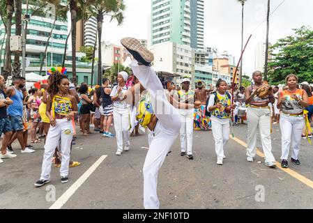 Salvador, Bahia, Brazil - February 11, 2023: Capoeira groups parade during the pre-Carnival Fuzue, in Salvador, Bahia. Stock Photo