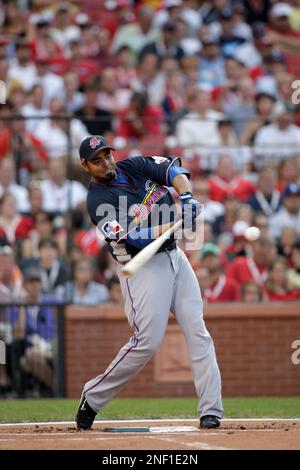 American League's Nelson Cruz of the Texas Rangers hits a pitch