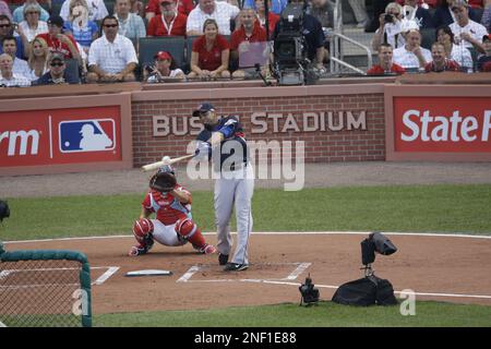 American League's Nelson Cruz of the Texas Rangers hits a pitch