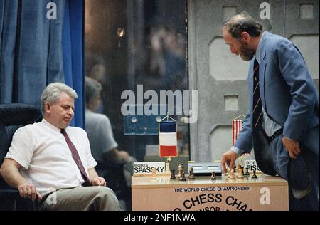 Boris Spassky, left and Bobby Fischer analyze their match in Sveti Svefan  on Sunday, Sept. 20, 1992. Fischer, attacking aggressively with the white  pieces, defeated Spassky on Sunday to take a 5-2