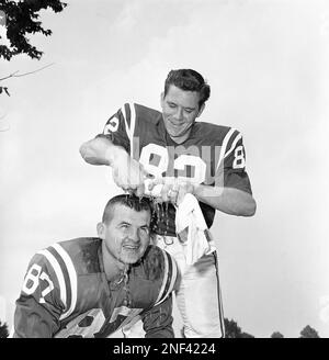 Baltimore Colts end Raymond Berry snags a pass from quarterback John Unitas  for a five-yard gain as the Colts and the Detroit Lions tangled, Sept. 30,  1962 in Baltimore, Md. Defensive halfback