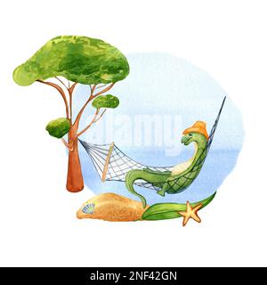 Cartoon lizard relaxing on the beach watercolor illustration isolated on white. Summer activity sportive, seacoast, seascape hand drawn. Design elemen Stock Photo