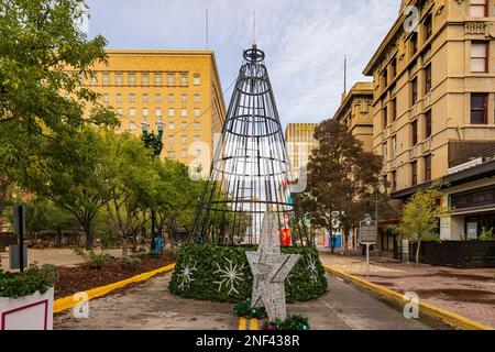 Texas, NOV 25 2022 - Afternoon view of the San Jacinto Plaza with Christmas decoration Stock Photo