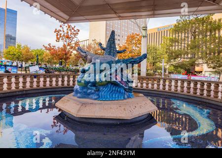 Texas, NOV 25 2022 - Afternoon view of the San Jacinto Plaza with Christmas decoration Stock Photo