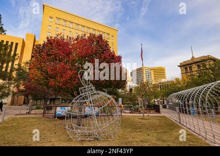 Texas, NOV 25 2022 - Afternoon view of the San Jacinto Plaza with Christmas decoration Stock Photo