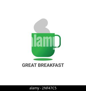 A vector illustration Green coffee mug icon and Steam with best Great Breakfast text isolated on white background. Use for Hotels, bar, company. Stock Vector