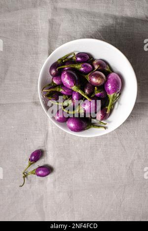 mini eggplant on the table with tablecloth. High quality photo Stock Photo