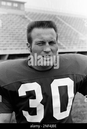 Minnesota Viking's pass receiver Bill Brown (30) holds hands out but ball  bounces off his helmet as New York Giant's defender Bill Swain (52) watches  Brown during first half of National Football