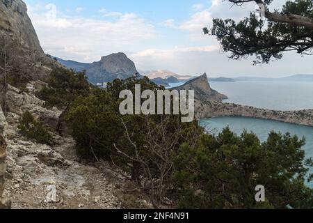 Top view of Mount Koba-Kaya from Karaul-Oba mountain in spring. Crimea Stock Photo