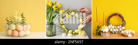 Collage of beautiful Easter wreaths and decorations in room interiors Stock Photo