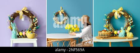 Collage of beautiful Easter wreath and decorations near color walls in room interiors Stock Photo