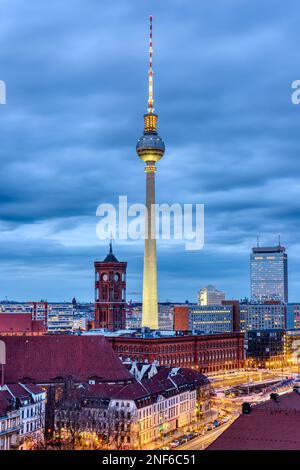 Berlin Mitte with the famous TV Tower and the town hall at dusk Stock Photo