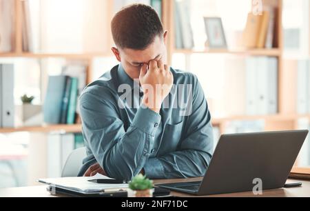 Stress, burnout and business man with laptop at desk working on project, report and strategy deadline. Headache, 404 and frustrated male worker in Stock Photo