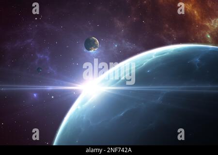 Planets outside our solar system. Exoplanets and exoplanetary systems, space background. 3d illustration Stock Photo