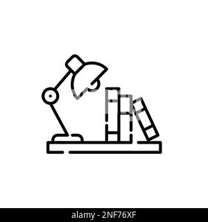 Books and desk lamp on shelf. Working or studying. Pixel perfect, editable stroke icon Stock Vector