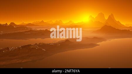 Titan, the largest moon of Saturn. Hydrocarbon lakes and shape of landscape. 3d illustration Stock Photo
