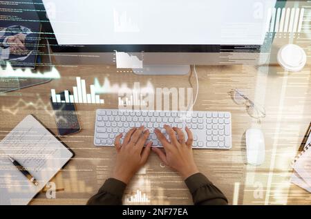 Hands on keyboard, computer overlay and business woman for typing for information technology or research. Zoom, online for trading database Stock Photo