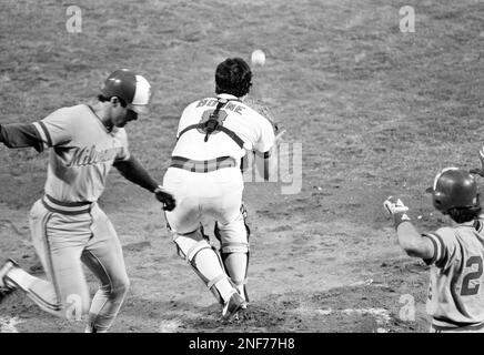 Milwaukee Brewers Paul Molitor, left, Jim Slaton, center, and Jim Gantner  embrace on the mound after their 9-5 win over the California Angels tied  the American League playoff series at two games