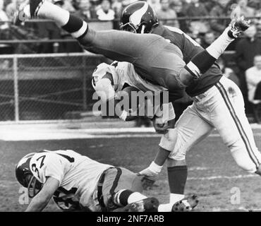 Minnesota Vikings quarterback Joe Kapp (11) raises left arm and