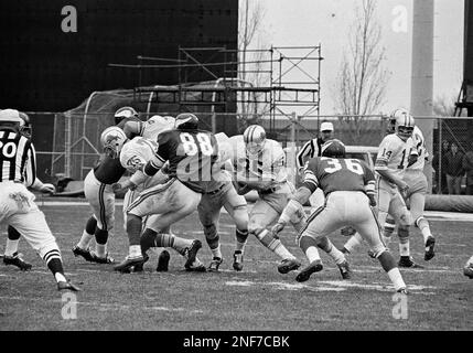 Detroit Lions Tom Nowatzke (35) runs between Minnesota Vikings John Kirby  (36) and Alan Page (88) for a 6-yard gain in first half of NFL game in Twin  Cities at Minneapolis, on