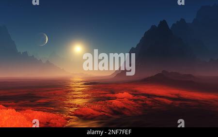 The exoplanet in evolution. Volcanic activity on the surface of young extrasolar planet. 3D illustration Stock Photo