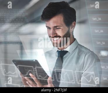 Research, tablet data overlay and graph of business man with fintech graphic in office. Futuristic, machine learning and stock market growth hologram Stock Photo