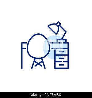Modern computer chair and desk with drawers and lamp. Office workplace. Pixel perfect, editable stroke icon Stock Vector