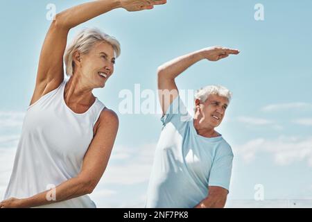 Senior couple, yoga and meditation in zen workout for healthy spiritual wellness in nature. Happy elderly woman and man yogi in fitness meditating Stock Photo