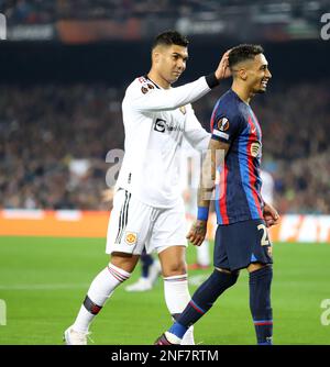 Sabadell, Barcelona, Spain. 16th Feb, 2023. Barcelona Spain 16.02.2023 Raphinha ((FC Barcelona) and Casemiro (Manchester United) gesture during the Europa League between FC Barcelona and Manchester United at Camp Nou on 16 February 2023 in Barcelona. (Credit Image: © Xavi Urgeles/ZUMA Press Wire) EDITORIAL USAGE ONLY! Not for Commercial USAGE! Stock Photo