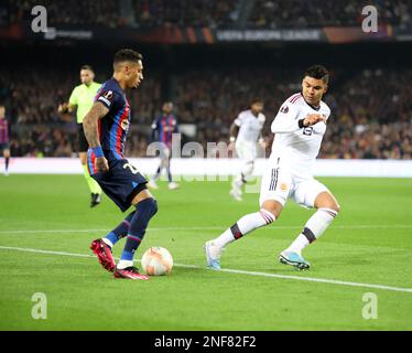 Sabadell, Barcelona, Spain. 16th Feb, 2023. Barcelona Spain 16.02.2023 Raphinha (FC Barcelona) and Casemiro (Manchester United) battle for the ball during the Europa League between FC Barcelona and Manchester United at Camp Nou on 16 February 2023 in Barcelona. (Credit Image: © Xavi Urgeles/ZUMA Press Wire) EDITORIAL USAGE ONLY! Not for Commercial USAGE! Stock Photo