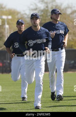 Milwaukee Brewers' J.J. Hardy (7), Corey Hart (1) and teammates celebrate a  4-2 win over the Houston Astros in a baseball game Tuesday, May 19, 2009,  in Houston. (AP Photo/Pat Sullivan Stock Photo - Alamy