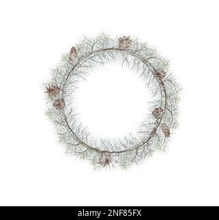 Christmas wreath of pine branches and cones. Watercolor hand drawn ...