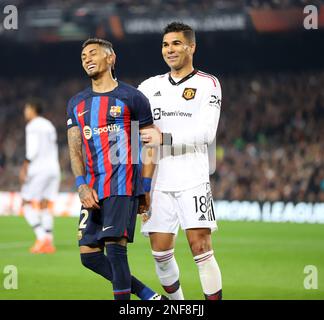 Sabadell, Barcelona, Spain. 16th Feb, 2023. Barcelona Spain 16.02.2023 Raphinha ((FC Barcelona) and Casemiro (Manchester United) gesture during the Europa League between FC Barcelona and Manchester United at Camp Nou on 16 February 2023 in Barcelona. (Credit Image: © Xavi Urgeles/ZUMA Press Wire) EDITORIAL USAGE ONLY! Not for Commercial USAGE! Stock Photo