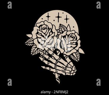 Old school traditional tattoo inspired cool graphic design illustration skeleton hand holding roses in front of moon with stars in black and white Stock Photo