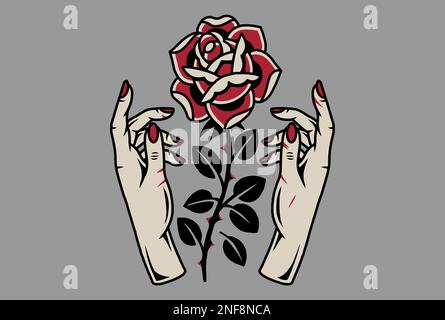 Old school traditional tattoo inspired cool graphic design illustration hands with rose in color Stock Photo