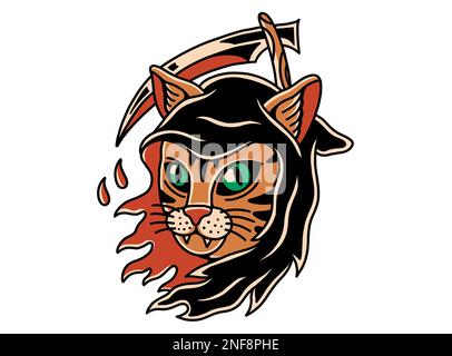 Old school traditional tattoo inspired cool graphic design illustration cat reaper head with scythe Stock Photo