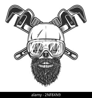Skull in safety glasses with mustache and beard with construction wrench for gas and builder plumbing pipe or body shop mechanic spanner repair tool Stock Photo