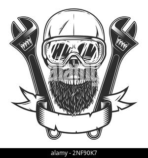 Skull with mustache and beard in safety glasses with construction wrench for gas and builder plumbing pipe or body shop mechanic spanner repair tool Stock Photo