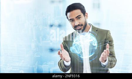 World, ai and overlay with a business man using a ux interface for global data analysis. Metaverse, hologram or 3d with a male employee searching a Stock Photo