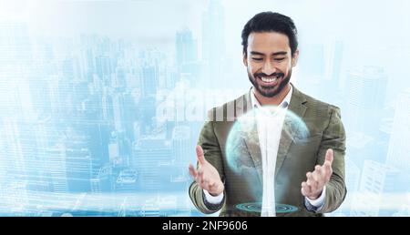 World, 3d and overlay with a business man using a ux interface for global data analysis. Metaverse, ai or hologram with a male employee searching a Stock Photo