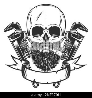 Skull smoking cigar or cigarette with mustache and beard with construction wrench for gas and builder plumbing pipe or body shop mechanic spanner Stock Vector
