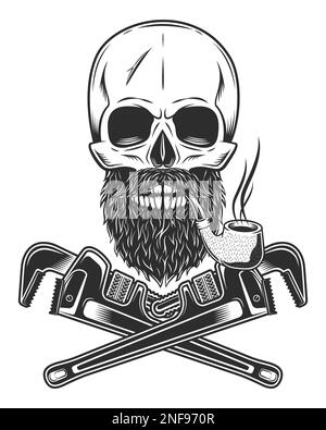 Skull smoking pipe with mustache and beard with construction wrench for gas and builder plumbing pipe or body shop mechanic spanner repair tool Stock Vector