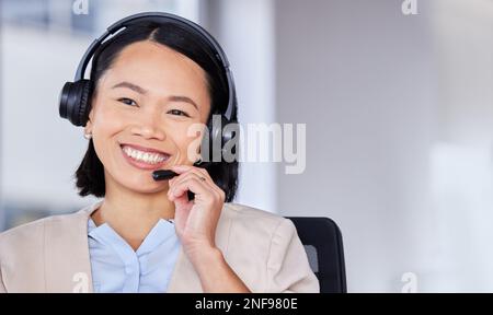 CRM, customer service or Asian woman and mockup for callcenter support, consulting or networking in office. Manager face, smile or sales advisor on Stock Photo
