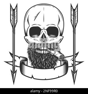 Skull smoking cigar or cigarette with mustache and beard with vintage hunting arrow in monochrome style isolated vector illustration with design Stock Vector