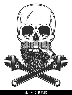 Skull with mustache and beard smoking cigar or cigarette with construction wrench for gas and builder plumbing pipe or body shop mechanic spanner Stock Vector