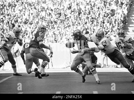 Quarterback John Brodie of the San Francisco 49ers gets dumped in his  backfield as Baltimore Colts' defensive back Jerry Logan (20) and  linebacker Dennis Gaubatz (53) blitzed on the play, at Baltimore