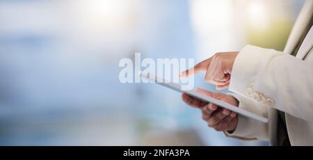 Hands, tablet and planning strategy for digital marketing, advertising or social media against blurred background. Hand of employee manager holding Stock Photo