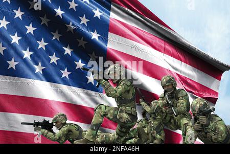 3d illustration of USA army soldier with nation flag. Greeting card for Veterans Day, Memorial Day, Independence Day. America celebration. Stock Photo