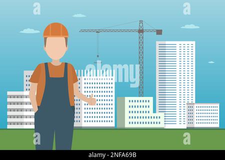 Builder showing thumbs up on construction site background. Vector. Stock Vector